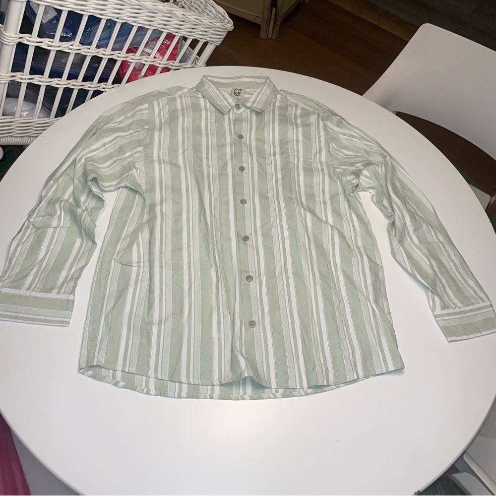 Hardaddy Men's Vertical Striped Cotton Button Down Long Sleeve w Pocket L Green